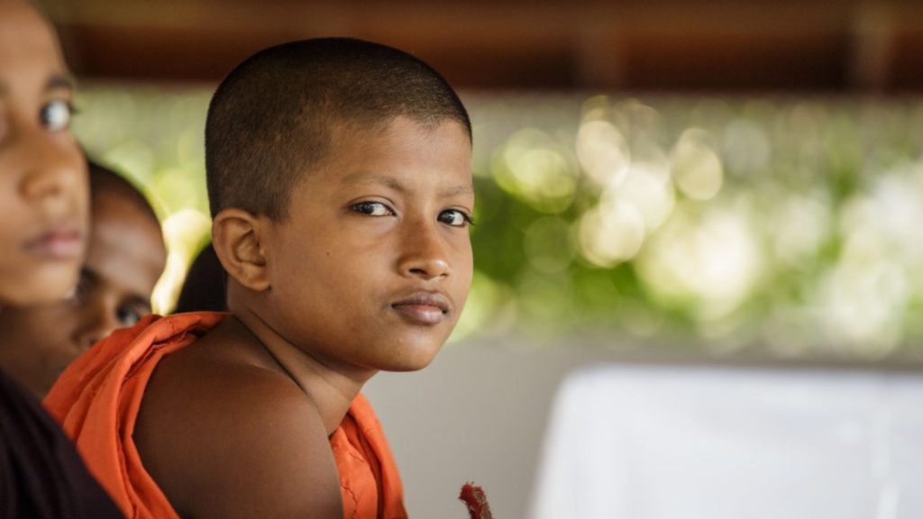 Junger buddhistischer Mönch in orangener Robe blickt aufmerksam zur Seite - Thaulle Resort Sri Lanka