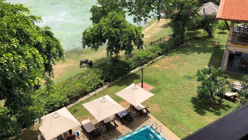 Paar auf dem Balkon des Thaulle Resort mit Blick auf den Yoda Lake in Sri Lanka