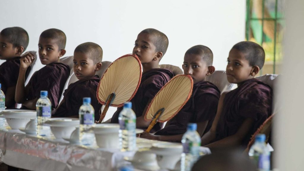 Reihe junger buddhistischer Mönche sitzt nebeneinander bei einer kulturellen Zeremonie - Weiterbildungen und Spiritualität im Th