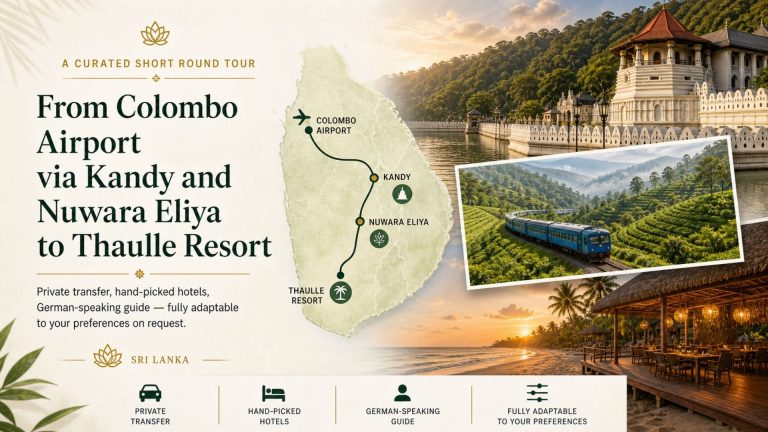 Flyer for a curated 3-day private Sri Lanka round tour from Colombo via Kandy and Nuwara Eliya to Thaulle Resort with German-speaking guide
