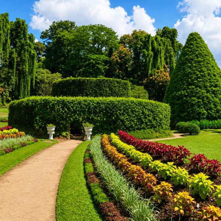 Farbenprächtiger botanischer Garten mit gepflegten Hecken, Blumenbeeten und tropischen Bäumen in Sri Lanka